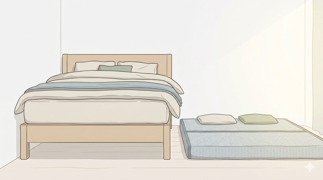 セミダブルのベッドと、床に置いた敷布団の高さの違い（段差）のイラスト