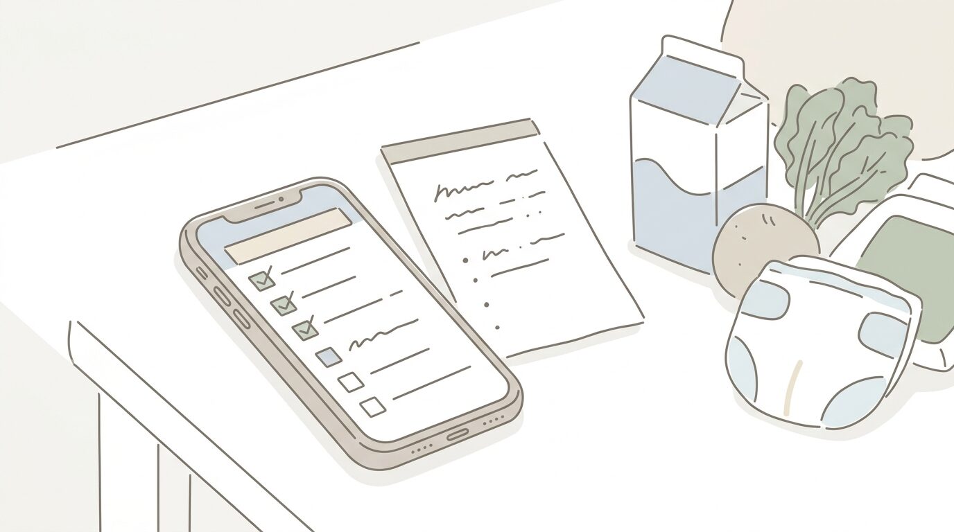 スマホの買い物リストと食品のイラスト