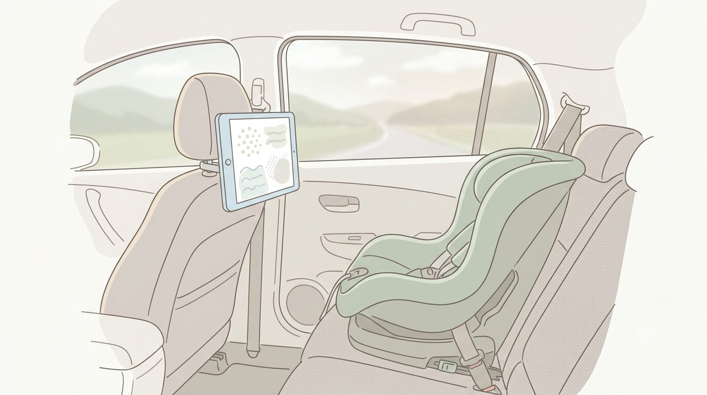 車のチャイルドシートの前にスタンドで設置したタブレット
