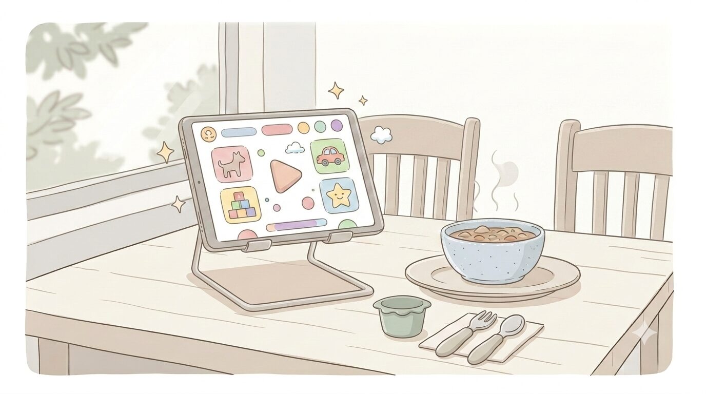 外食のテーブルにスタンドで立てたタブレットと料理