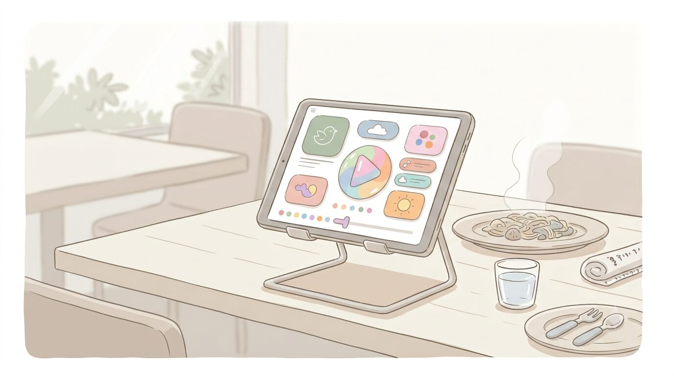 レストランのテーブルでタブレットに子ども向け動画を映している様子