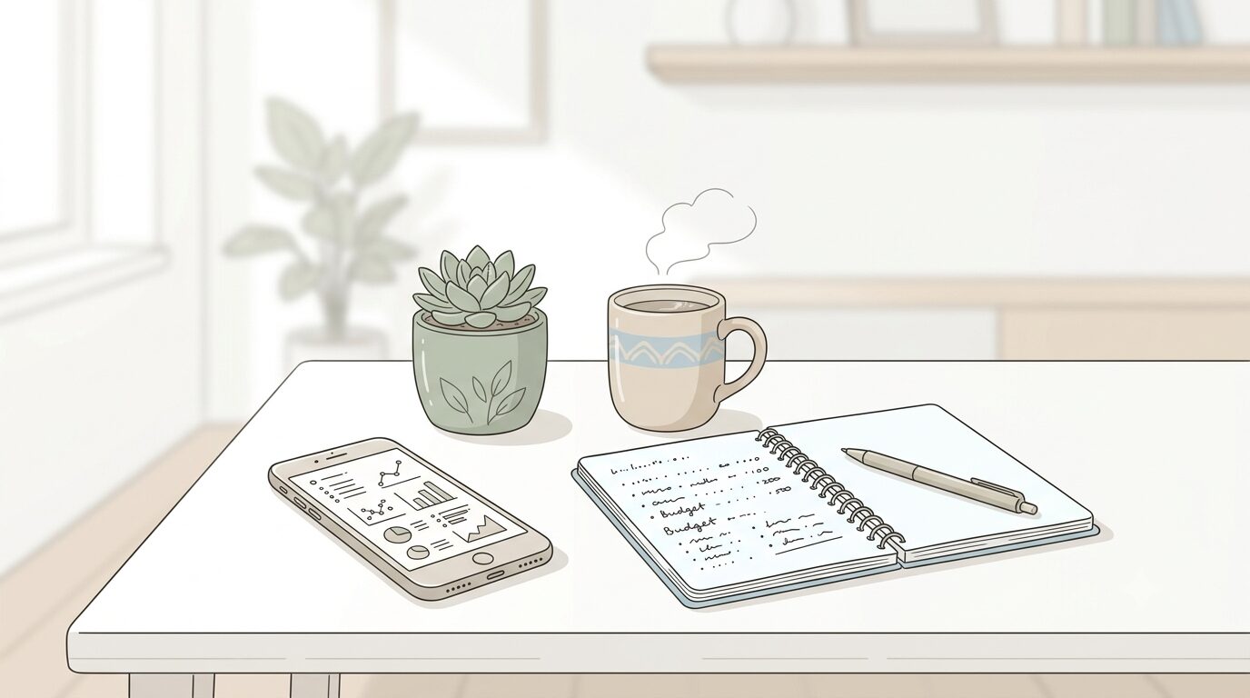 テーブルの上のスマートフォンと家計簿、観葉植物を描いた静物イラスト（スマホ代の見直しイメージ）