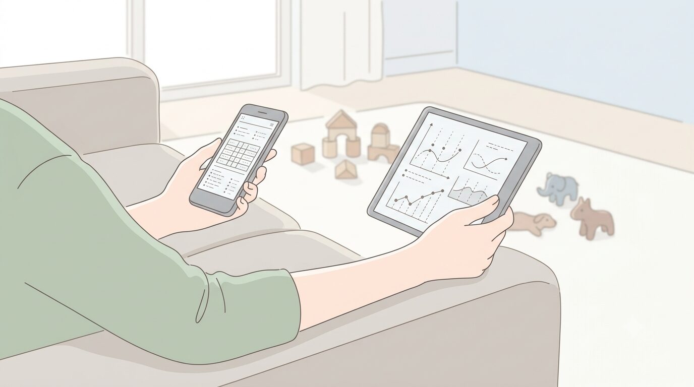 ソファでスマートフォンとタブレットを使っている手元のイラスト