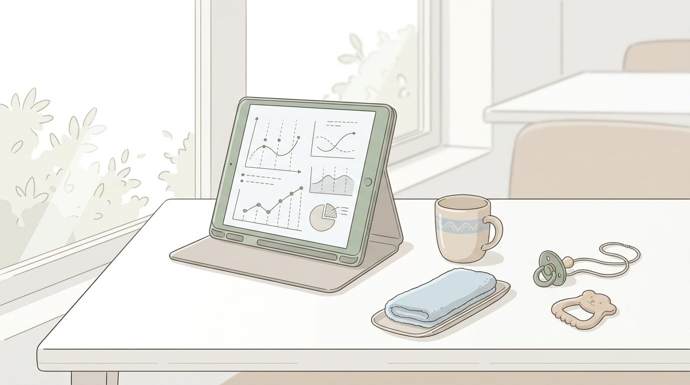 外出先のテーブルでタブレットスタンドにタブレットを立てて動画を見せている様子のイラスト