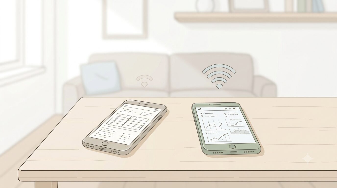 2台のスマートフォンと電波アイコンを並べて示したイラスト