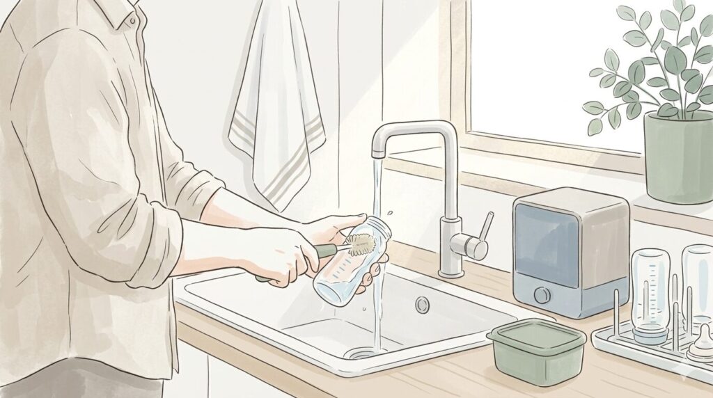 シンクで哺乳瓶をブラシで洗う人のイラスト。奥に除菌器と漬け置き容器が並ぶ