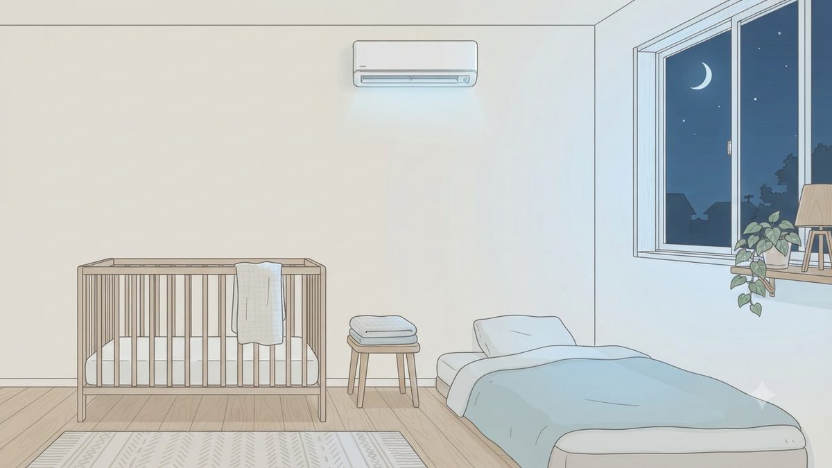 夏の夜の子ども部屋のイラスト。エアコンとベビーベッド、窓の外に夜空