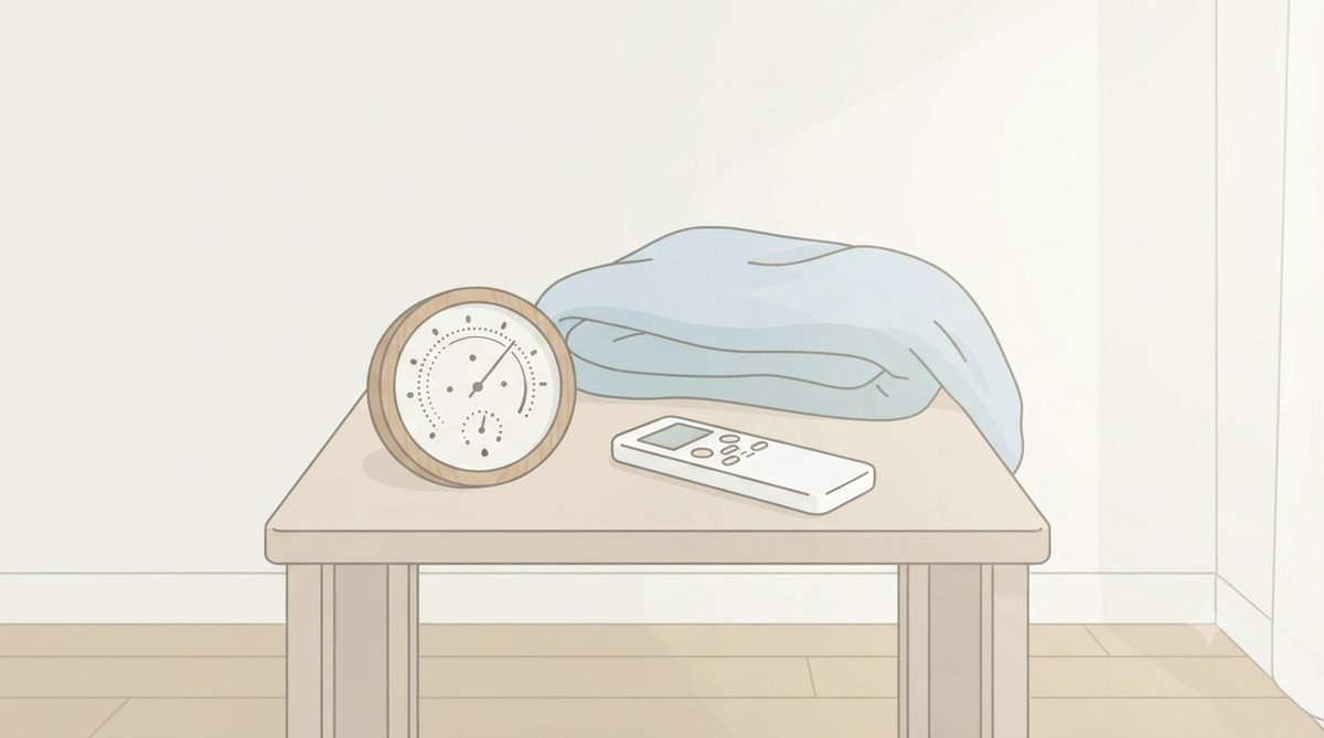 サイドテーブルに置かれた温湿度計とエアコンのリモコンのイラスト