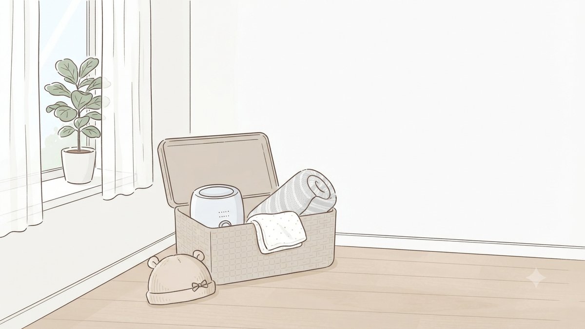 使われないまま収納ボックスにしまわれた育児グッズのイラスト
