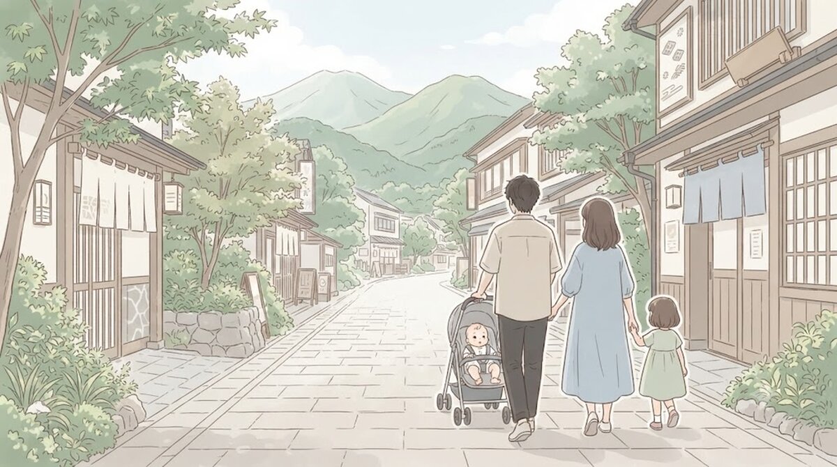 湯布院の湯の坪街道を家族でベビーカーを押して歩くイラスト