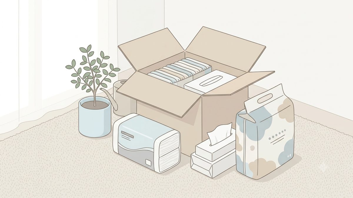 段ボールに入った日用品（おむつ・ティッシュ・トイレットペーパー）の俯瞰イラスト