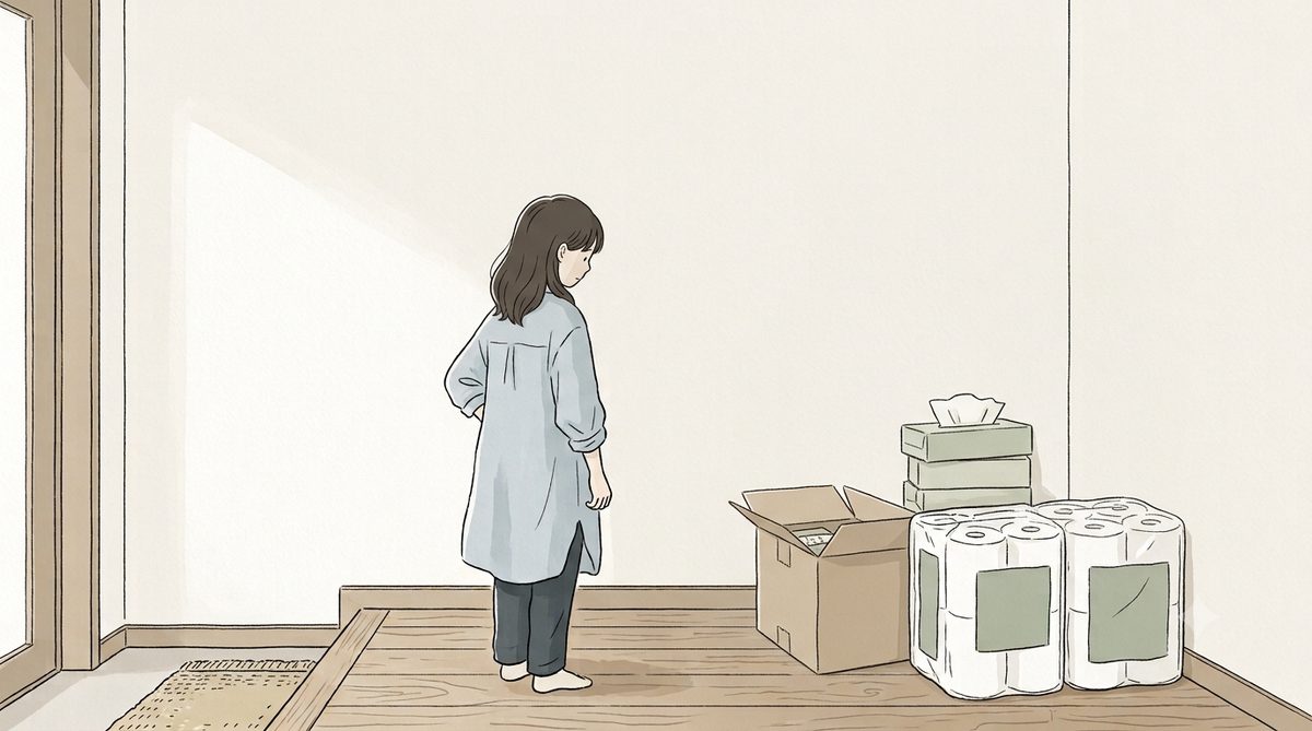 届いたボックスティッシュとトイレットペーパーを眺めるママの後ろ姿