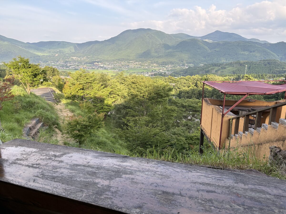 櫟の丘から見た湯布院盆地と山並みの眺望