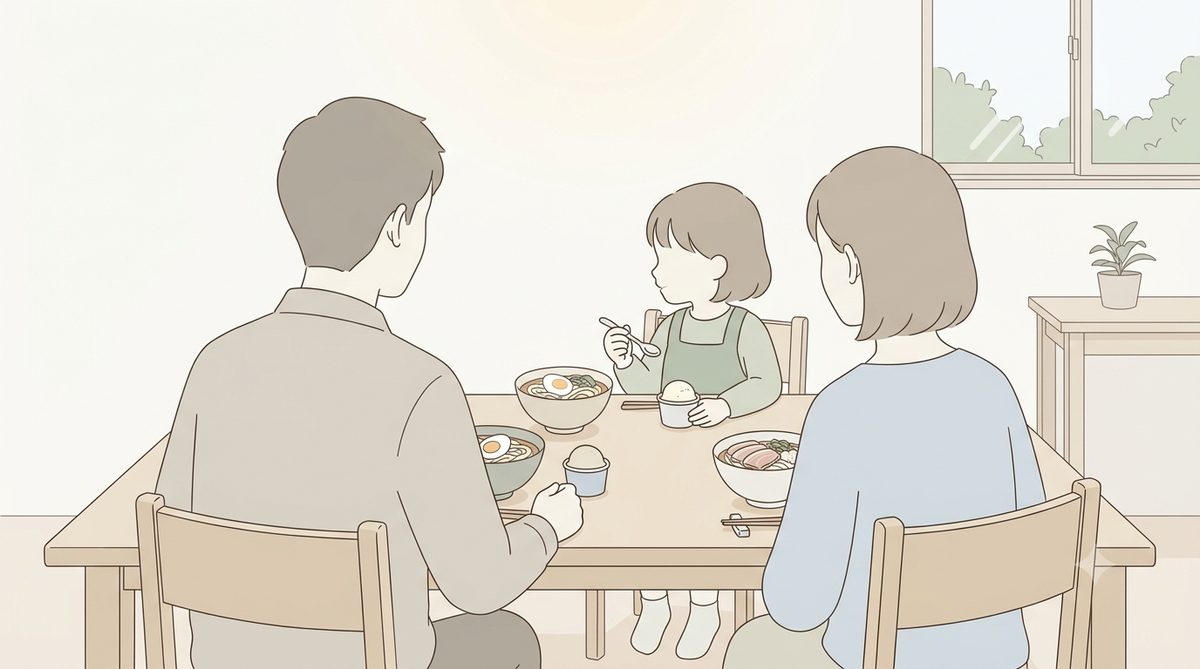 家族で食卓を囲んで外食を楽しむイラスト