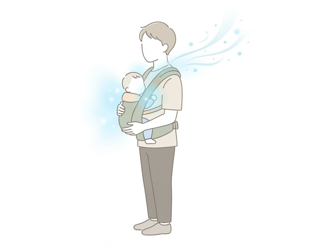 抱っこ紐で赤ちゃんを抱くパパのイラスト。親子の間と赤ちゃんの背中がひんやりし、襟元から風が抜けている