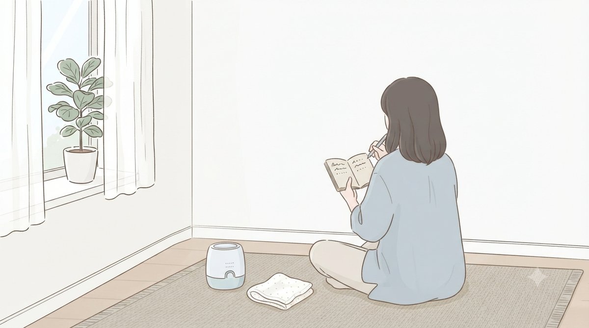 育児グッズを前にメモを取りながら考えるママのイラスト