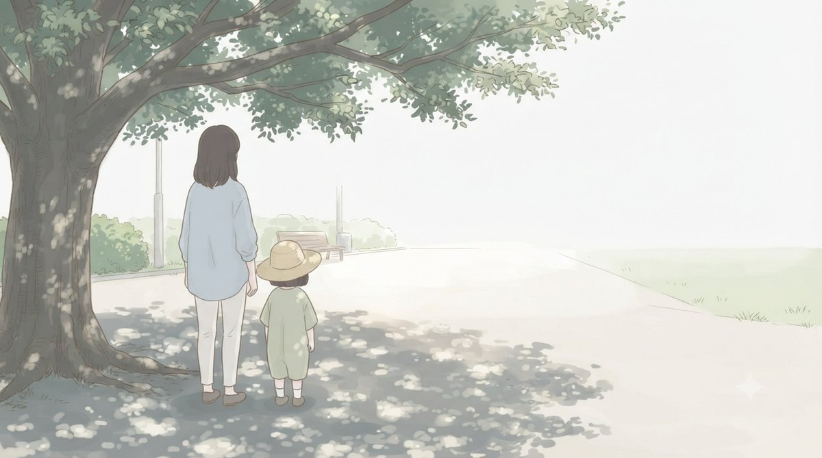 夏の公園で木陰を歩く帽子をかぶった子どもと親のイラスト
