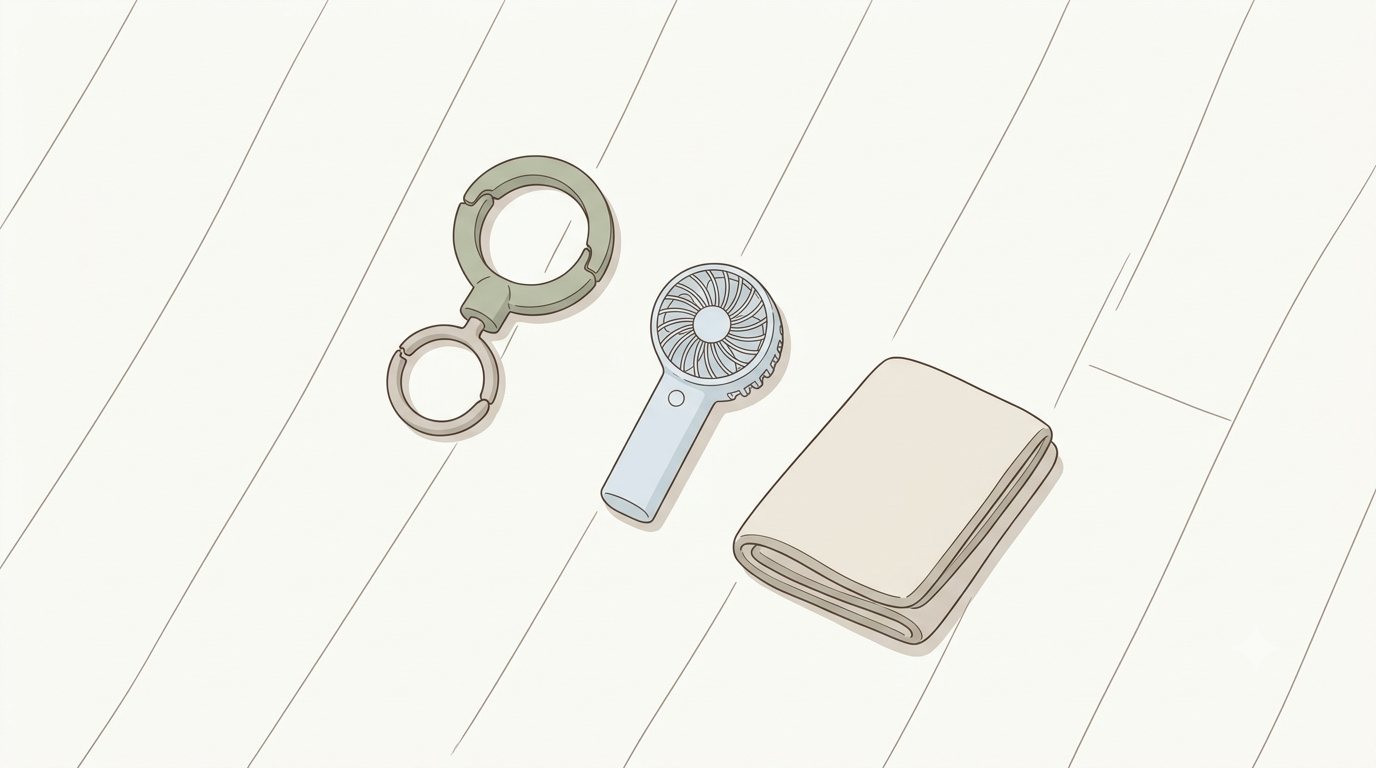 ベビーカー用フックとハンディファンなど持ち物のイラスト