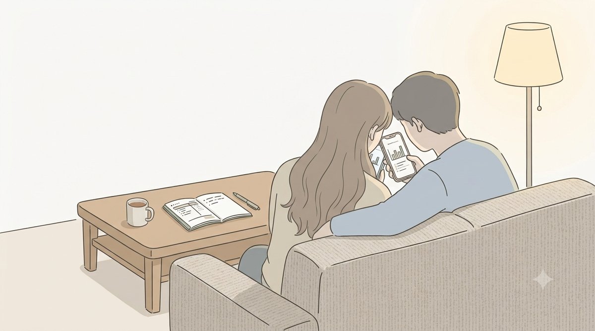 ソファでスマートフォンを見ながらプランを相談する夫婦の後ろ姿のイラスト