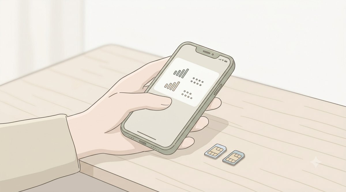 スマートフォンを持つ手元と2枚のSIMカード（回線を分けるイメージイラスト）