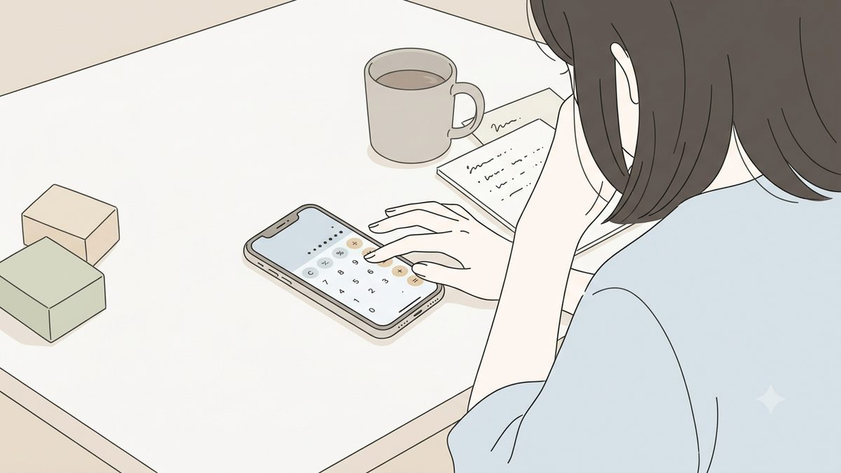 スマホの電卓で実質価格を確かめている手元のイラスト