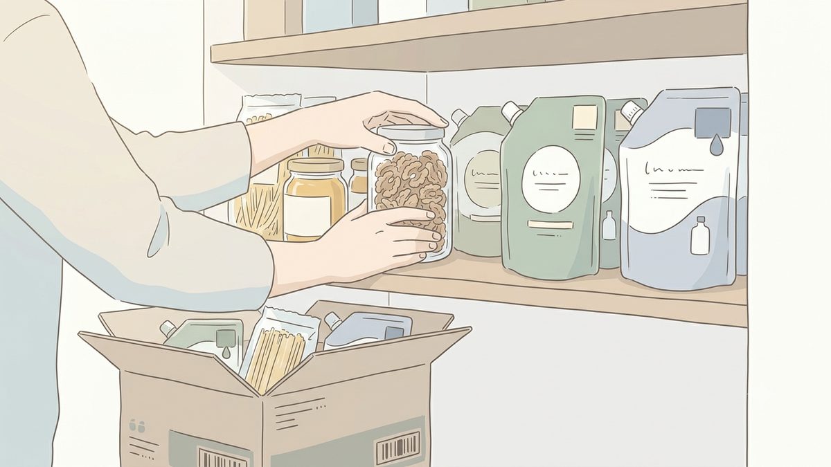 パントリーの棚に食材や詰め替えを補充している手元のイラスト