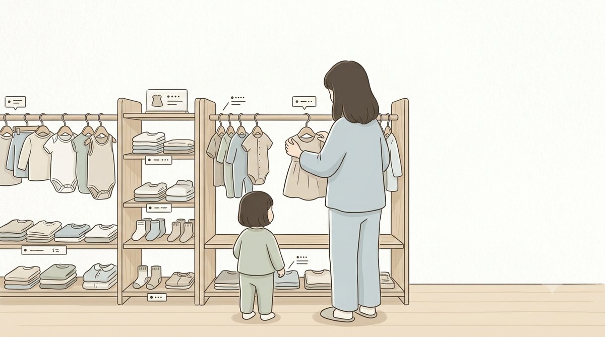 店頭でサイズを確かめながら子ども服を選ぶ親子