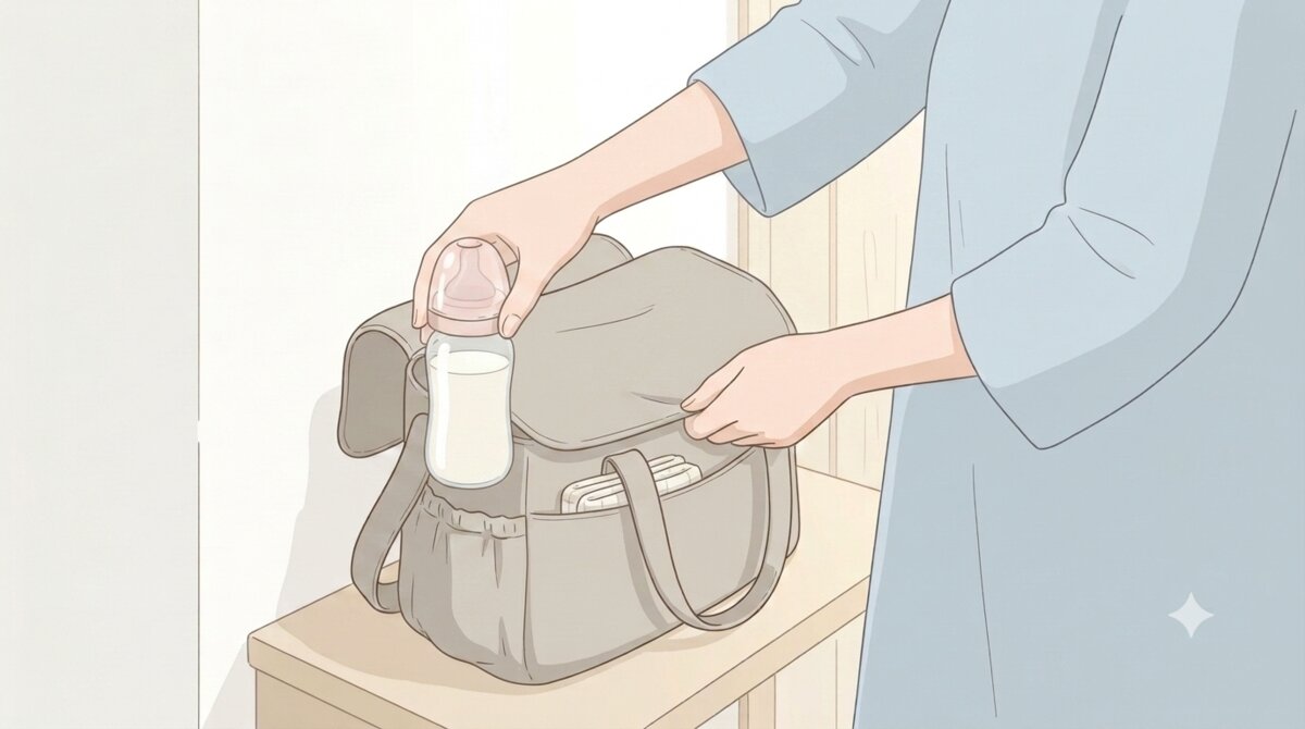 予備の哺乳瓶をマザーズバッグに入れる様子