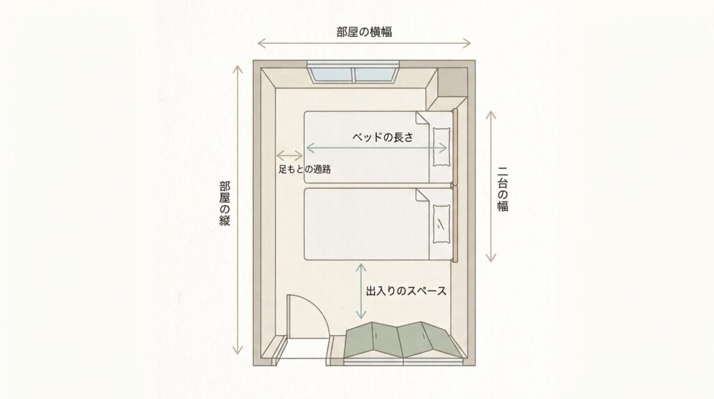 ベッド2台を置いた部屋を真上から見た図。部屋の横幅からベッドの長さを引くと足もとの通路、部屋の縦から2台の幅を引くと出入りのスペースになることを矢印で示している