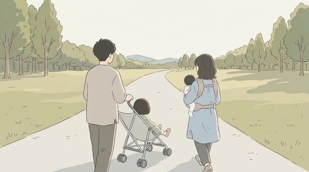 ベビーカーに上の子が乗り、赤ちゃんは抱っこ紐で歩く家族のイラスト
