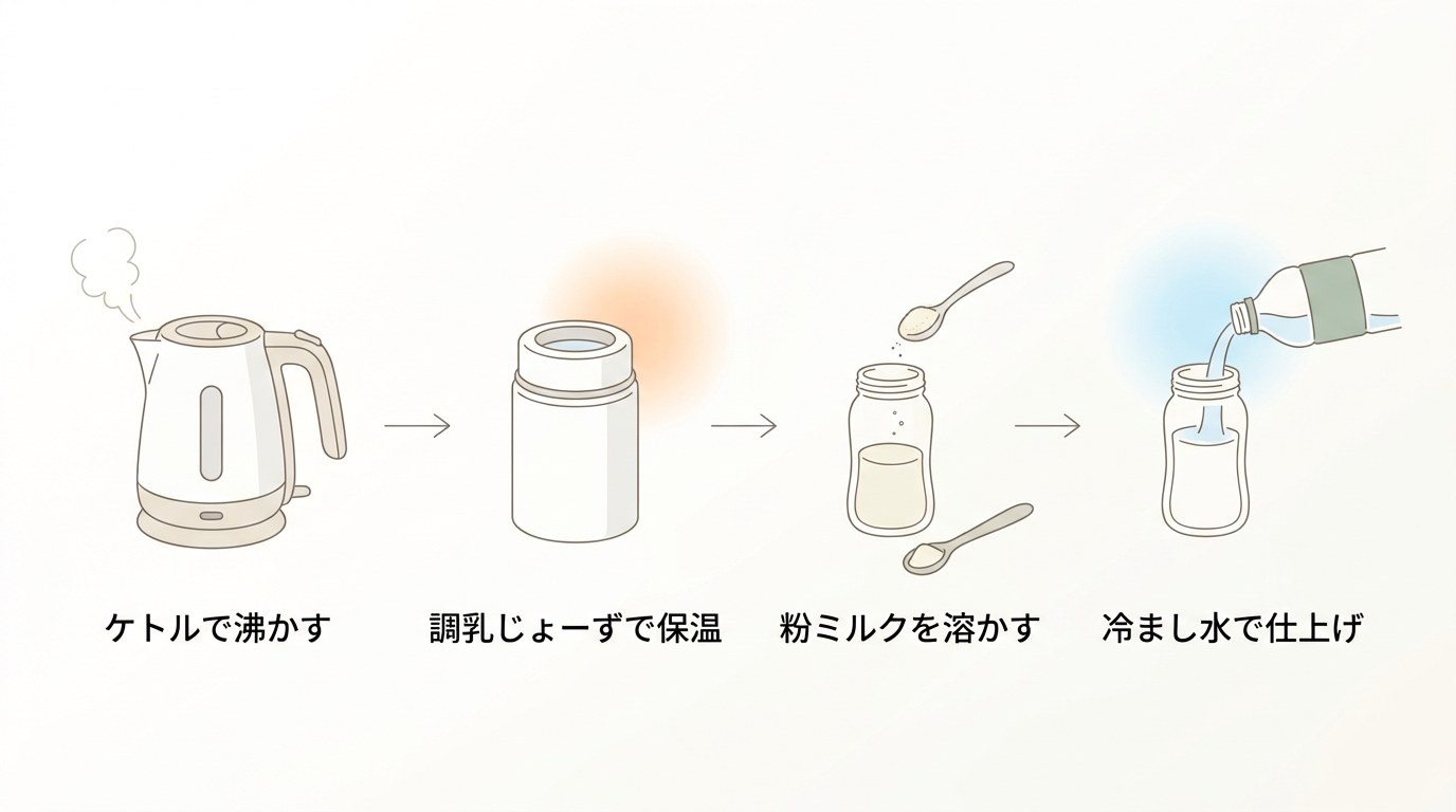ケトルで沸かす、調乳じょーずで保温する、粉ミルクを溶かす、冷まし水で仕上げる、というわが家のミルク作りの4つの流れを示した図