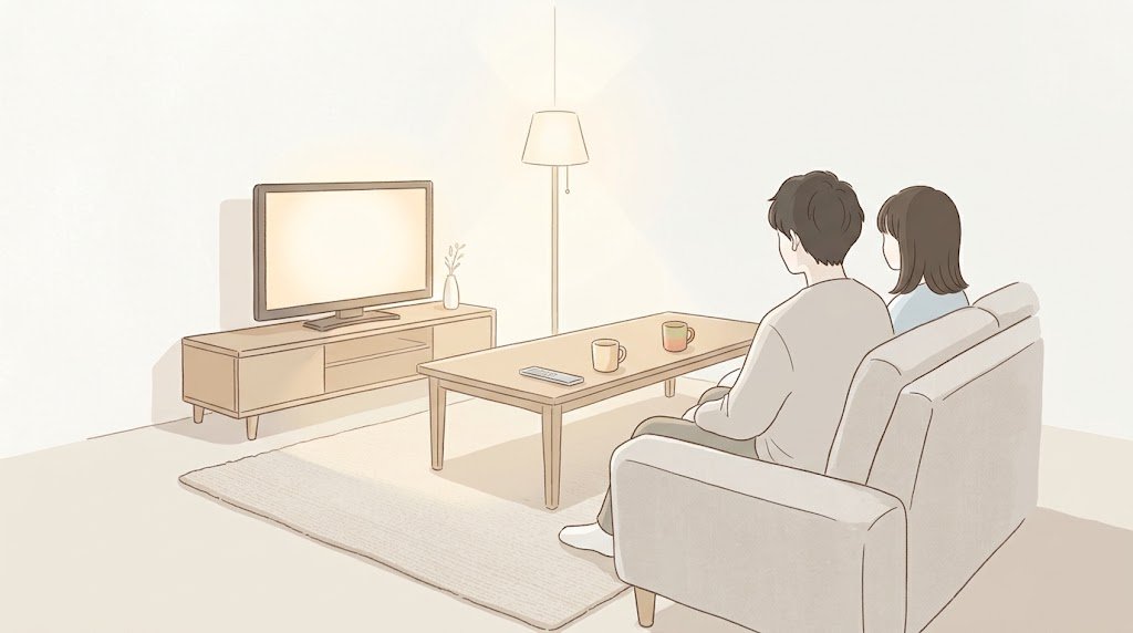 夜のリビングでソファに並んで座る夫婦の後ろ姿のイラスト