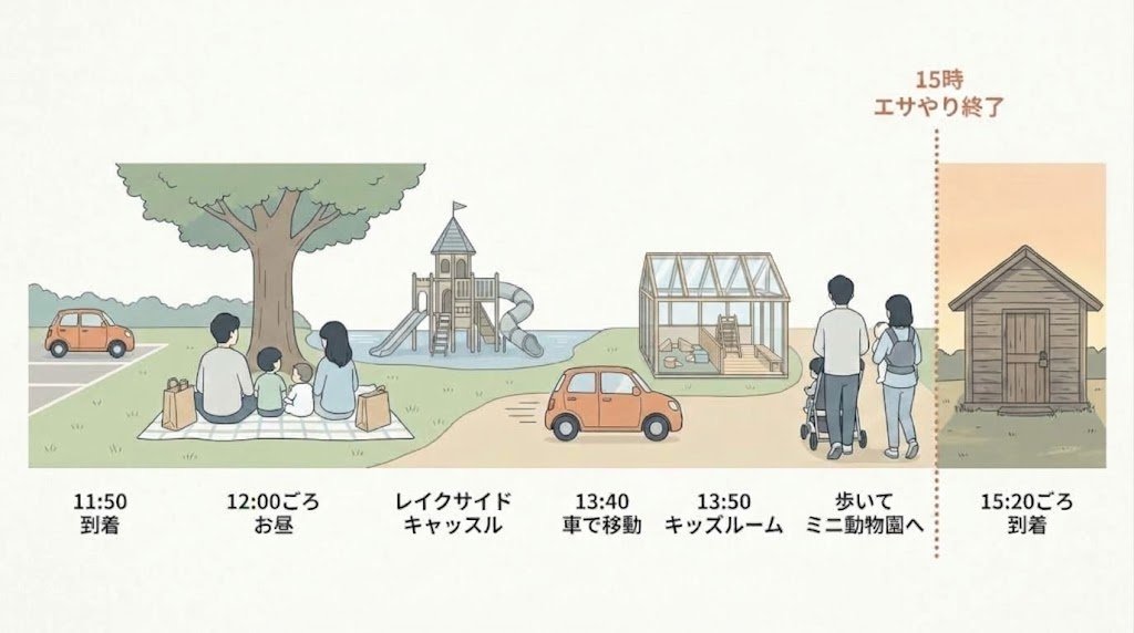 るるパークでの1日の回り方と15時の線の図解
